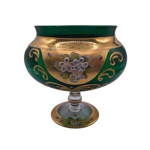 Vintage Seyei Victorian Bohemian Green Glass Enameled Flowers NO Lid Candy Dish